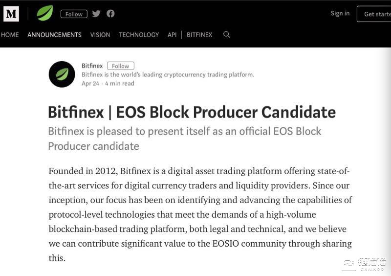 交易所Bitfinex宣布加入EOS超级节点竞选