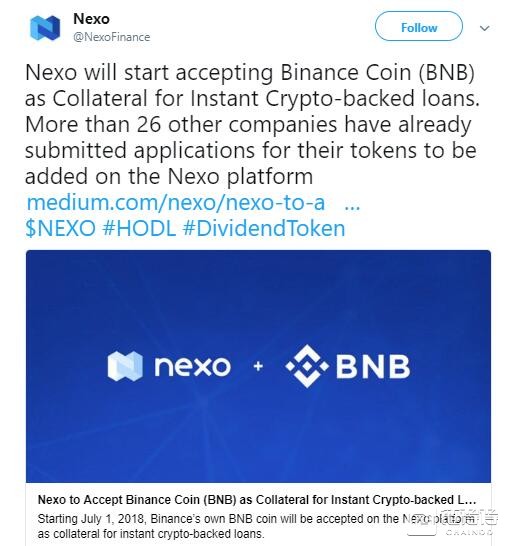 加密货币现金贷平台Nexo将接受币安币为贷款抵押